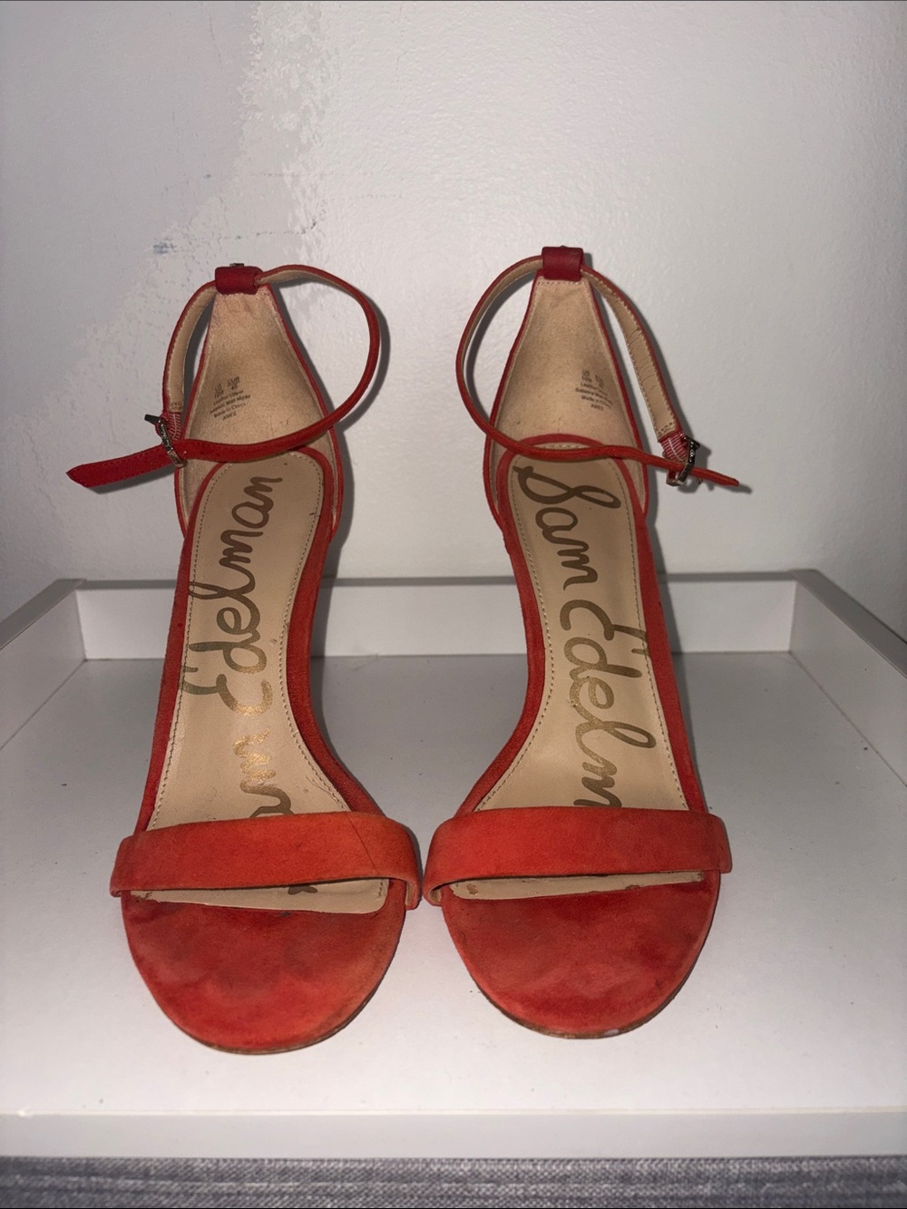 Sam Edelman Orange-Red Suede Ankle-Strap Heels